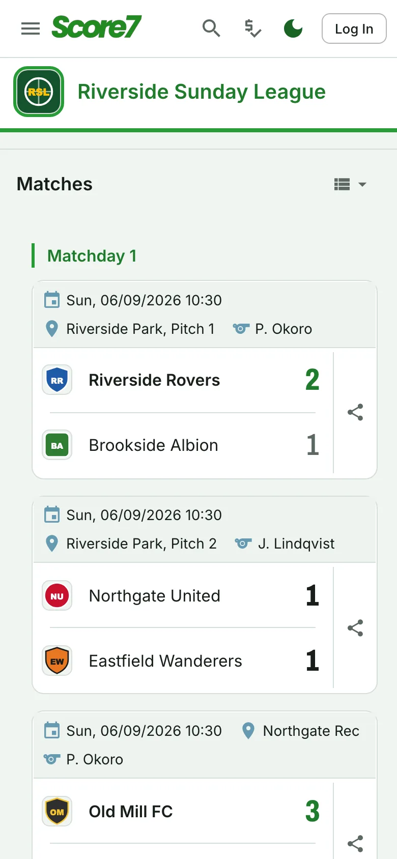 The same league's matches on a phone, with scores, times and pitches