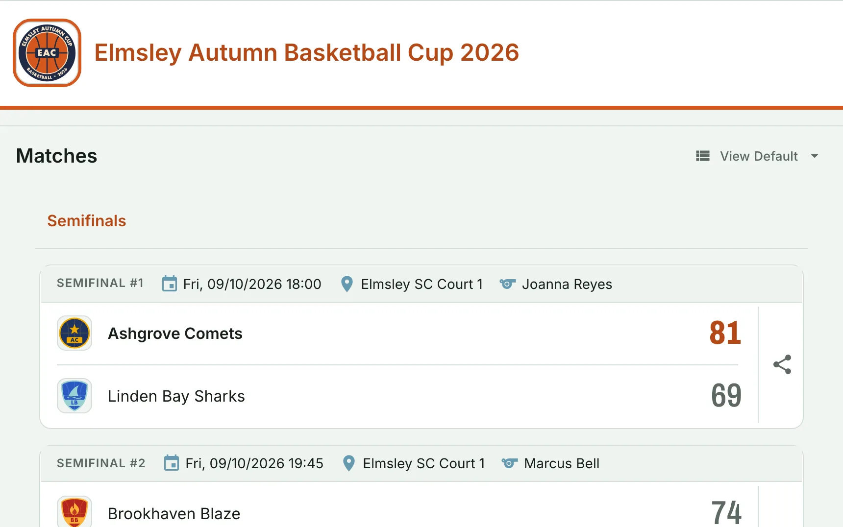 Elmsley Autumn Basketball Cup 2026: Groups, then knockout bracket, 8 teams