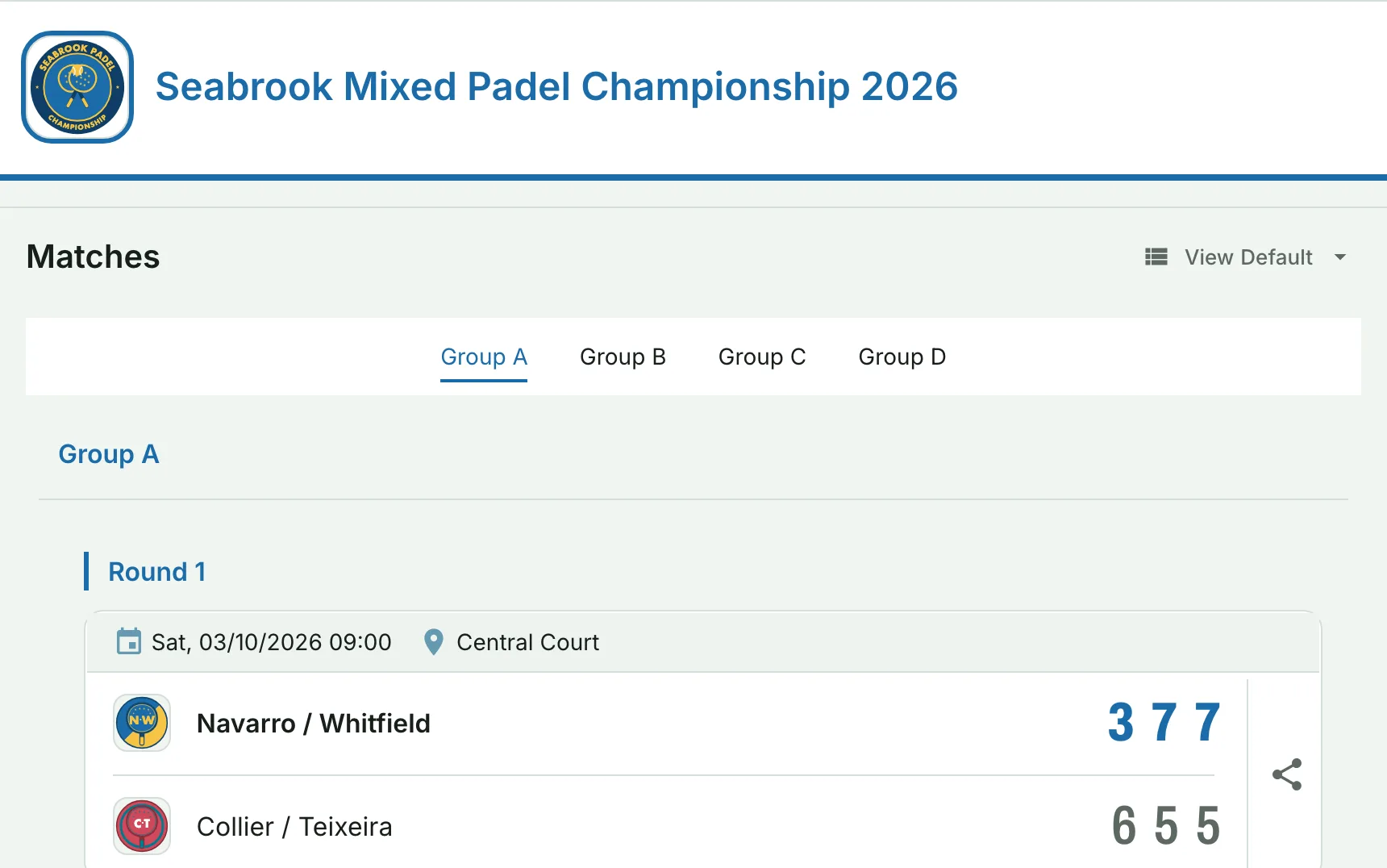 Seabrook Mixed Padel Championship 2026: Groups, then cup and consolation brackets, 16 pairs