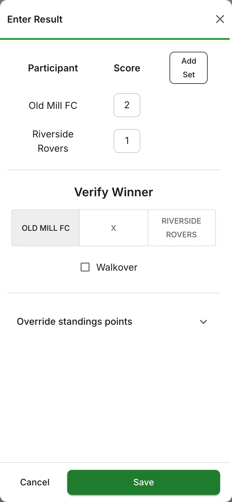 Entering a match result on a phone